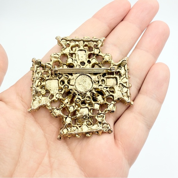 Vintage Gold Tone Onyx Crystal Brooch Art Deco Brooch Pin - Picture 4 of 7